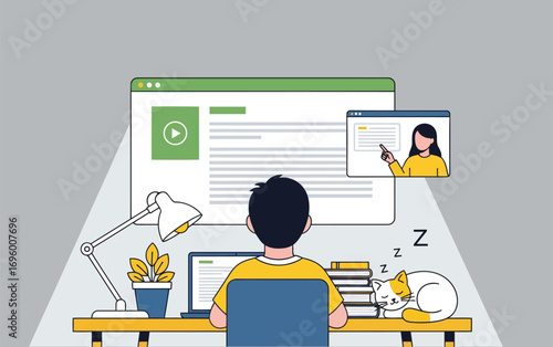 Student attending online class with sleeping cat on the desk near the laptop