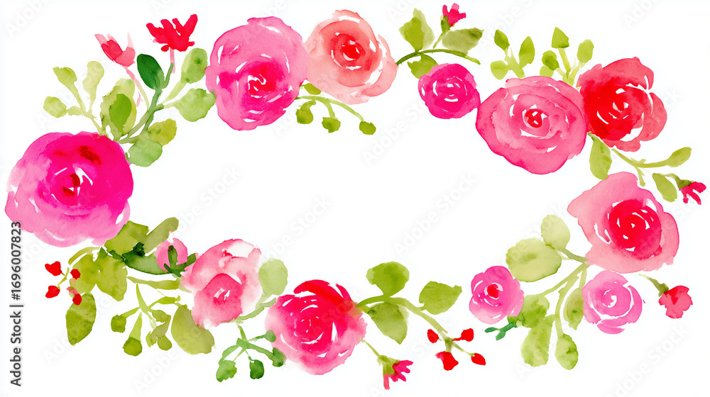 Naklejka premium Delicate watercolor floral wreath featuring pink roses, softly illuminated with elegant composition.