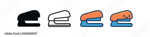 Vector icon stapler same pose same proportions four styles black solid glyph outline minimal flat multicolor filled cartoon flat shaded.