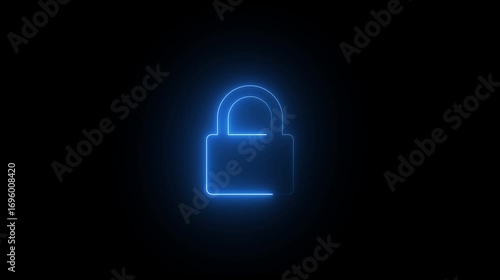 glowing neon lock animation icon security privacy password protection safety animated on black background.