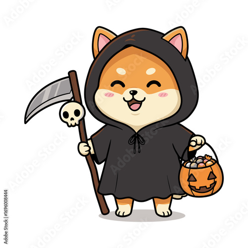 A cheerful Shiba Inu dog in a Halloween reaper costume holding a candy bucket.