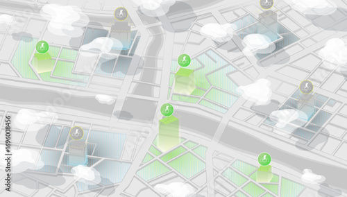 Concept of renewable energy. Level of electricity generation from sun. City Solar Energy Monitoring Map. Green Energy City Map with Solar Panel Icons. Vector illustration