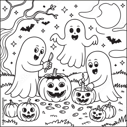 Halloween spooky cuties coloring pages for teens and adults. Black and white coloring pages for Amazon KDP with color in this image.