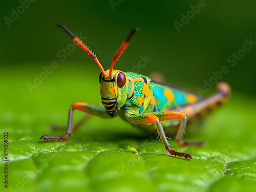 Close-up macro detail of a stunningly colorful grasshopper, a vibrant insect of nature's wildlife.