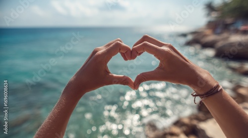 Two hands form a heart shape framing a scenic ocean view with sparkling water and rocky coastline