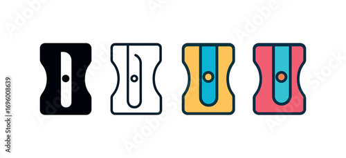 Vector icon sharpener same pose same proportions four styles black solid glyph outline minimal flat multicolor filled cartoon flat shaded.