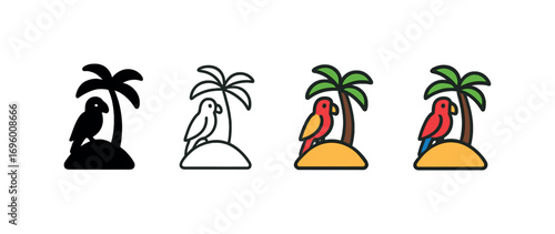Vector icon island with parrot same pose same proportions four styles black solid glyph outline minimal flat multicolor filled cartoon flat shaded.