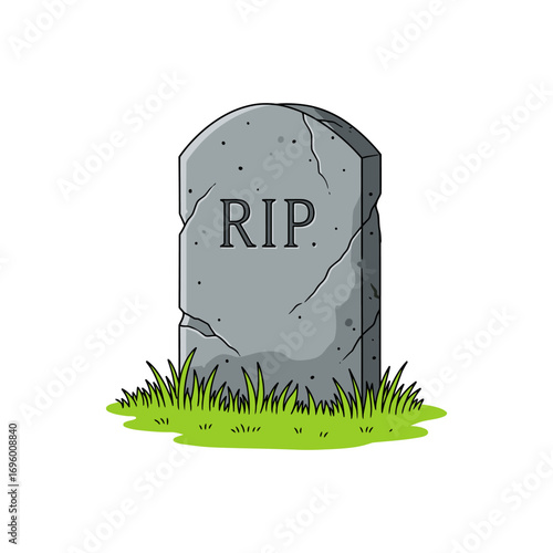 A cartoon illustration of a weathered grey tombstone with "RIP" inscribed, set against a patch of green grass.