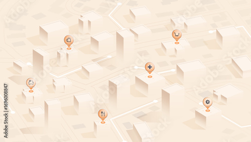 Isometric city map with service location markers. Urban navigation and city infrastructure concept with pastel beige color palette. Vector illustration