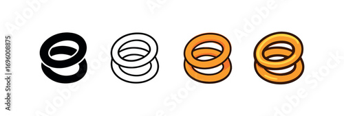 Vector icon onion rings same pose same proportions four styles black solid glyph outline minimal flat multicolor filled cartoon flat shaded.