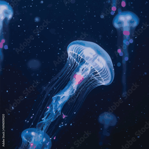 Create Translucent Jellyfish Delicately Floating in Deep Ocean Waters with Ethereal Bioluminescence.