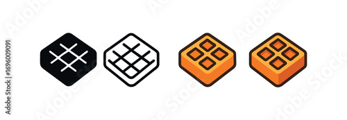 Vector icon waffle square same pose same proportions four styles black solid glyph outline minimal flat multicolor filled cartoon flat shaded.