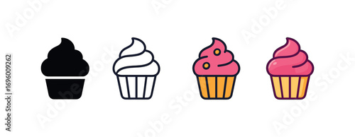 Vector icon cupcake dessert same pose same proportions four styles black solid glyph outline minimal flat multicolor filled cartoon flat shaded.