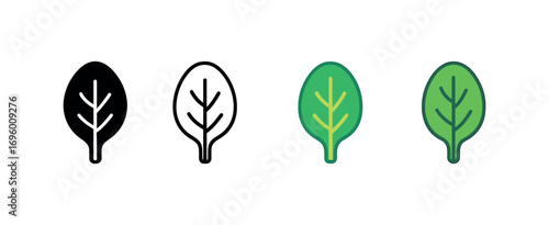 Vector icon spinach leaf same pose same proportions four styles black solid glyph outline minimal flat multicolor filled cartoon flat shaded.