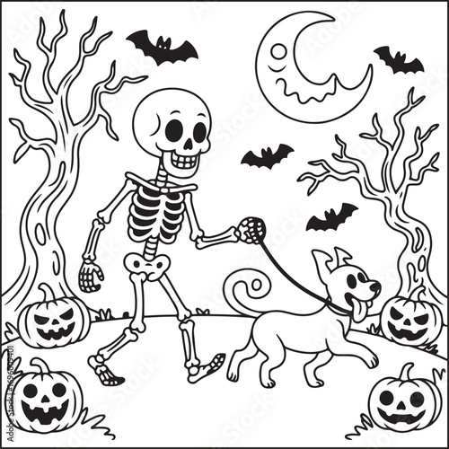 Halloween spooky cuties coloring pages for teens and adults. Black and white coloring pages for Amazon KDP with color in this image.