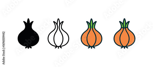 Vector icon onion bulb same pose same proportions four styles black solid glyph outline minimal flat multicolor filled cartoon flat shaded.
