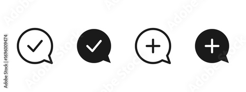 Chat bubble icon. Confirmation check mark and plus sign in message balloon vector illustration. Social communication and feedback symbol. Approval and add action sign