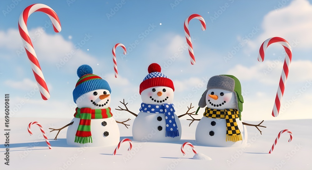 Fototapeta premium Snowmen with scarves and hats, smiling as candy canes fall from the sky.