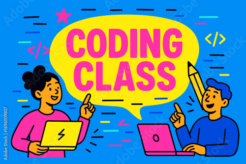 Coding Class banner flat vector illustration bold oversized text inside rounded blob cartoon characters pointing with laptops and pencils bright solid colors in neon vivid blue hot pink.