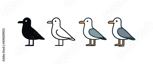 Vector icon gull bird same pose same proportions four styles black solid glyph outline minimal flat multicolor filled cartoon flat shaded.
