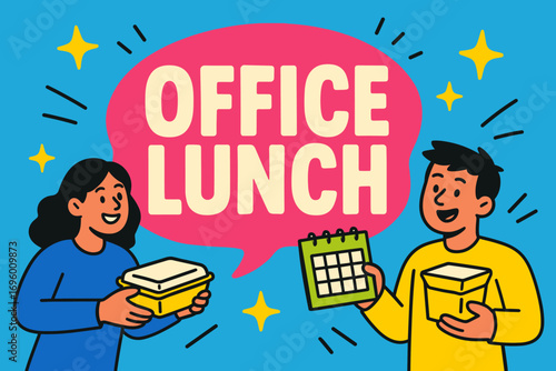 Office Lunch banner flat vector illustration bold oversized text inside rounded blob cartoon characters holding food boxes and calendars bright solid colors in neon pink vivid blue bright.