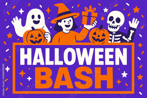 Halloween Bash banner flat vector illustration bold oversized text inside rectangular frame cartoon characters waving with pumpkins and gift boxes bright solid colors in neon orange vivid.