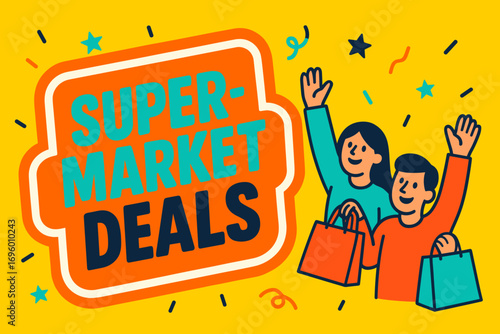 Supermarket Deals banner flat vector illustration bold oversized text inside outline cartoon characters waving with shopping bags bright solid colors in neon orange vivid turquoise hot high.