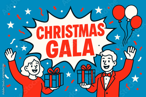 Christmas Gala banner flat vector illustration bold oversized text inside comic burst cartoon characters waving with gift boxes and balloons bright solid colors in neon blue vivid red snow.