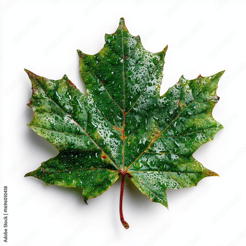 Fototapeta premium Detailed green maple leaf with water droplets on white background
