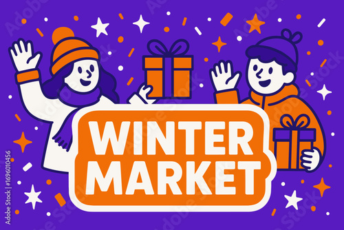 Winter Market banner flat vector illustration bold oversized text inside outline cartoon characters waving with gift boxes bright solid colors in neon orange vivid purple snow white high.
