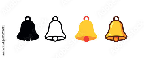 Vector icon bell school same pose same proportions four styles black solid glyph outline minimal flat multicolor filled cartoon flat shaded.