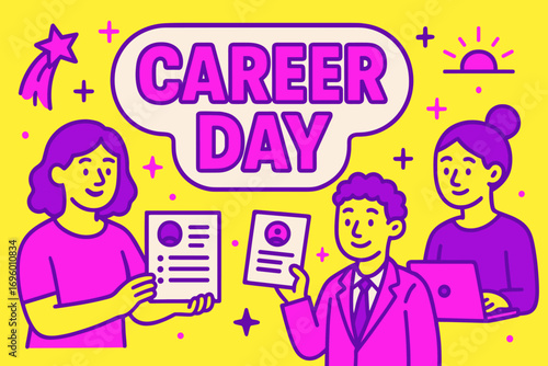 Career Day banner flat vector illustration bold oversized text inside outline cartoon characters holding resumes and laptops bright solid colors in neon vivid magenta hot purple high.
