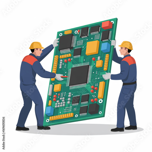 Two engineers install a large motherboard vector illustration scalable eps technology concept