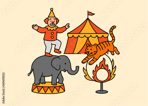 Vibrant circus scene featuring a balancing clown elephant tiger and tent in vector illustration