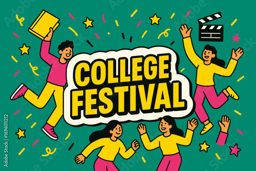 College Festival banner flat vector illustration bold oversized text inside outline cartoon characters dancing with books and clapper board bright solid colors in emerald green laser lemon.
