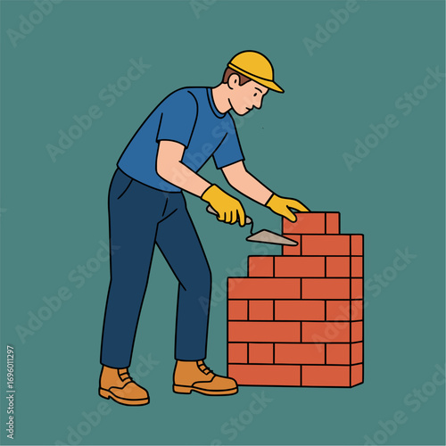 Skilled construction worker building brick wall vector illustration scalable eps professional craftsman