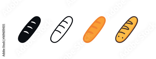 Vector icon baguette bread same pose same proportions four styles black solid glyph outline minimal flat multicolor filled cartoon flat shaded.