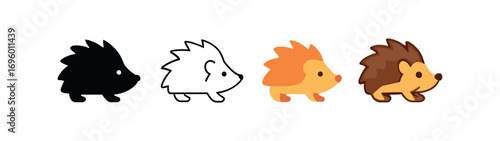 Vector icon hedgehog same pose same proportions four styles black solid glyph outline minimal flat multicolor filled cartoon flat shaded.