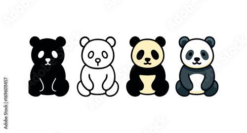 Vector icon panda bear same pose same proportions four styles black solid glyph outline minimal flat multicolor filled cartoon flat shaded.