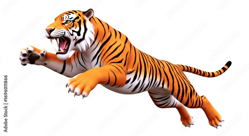 Fototapeta premium majestic bengal tiger in a powerful leap 3d render of a fearless hunter, isolated on transparent background