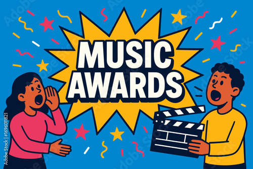 Music Awards banner flat vector illustration bold oversized text inside splash explosion cartoon characters shouting with clapper board bright solid colors in sapphire blue neon magenta.