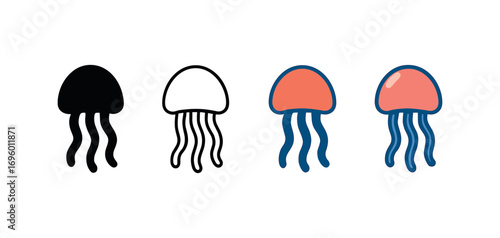 Vector icon jellyfish floating same pose same proportions four styles black solid glyph outline minimal flat multicolor filled cartoon flat shaded.
