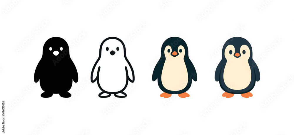 Fototapeta premium Vector icon penguin standing same pose same proportions four styles black solid glyph outline minimal flat multicolor filled cartoon flat shaded.
