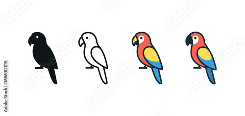 Vector icon macaw parrot same pose same proportions four styles black solid glyph outline minimal flat multicolor filled cartoon flat shaded.