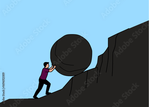 Silhouette of a person pushing a giant rock up a steep hill illustration vector
