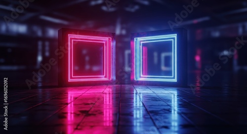 Neon Cubes: Geometric, abstract shapes, bathed in the glow of vibrant neon light, creating a futuristic and visually captivating scene.