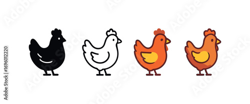 Vector icon chicken hen same pose same proportions four styles black solid glyph outline minimal flat multicolor filled cartoon flat shaded.