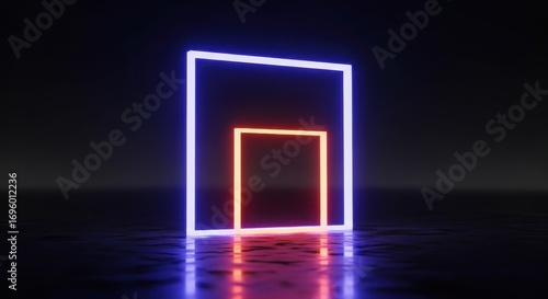 Neon Square Light Show: A mesmerizing display of geometric elegance, with vibrant neon squares illuminating a dark, reflective surface, the artwork exudes modernity and digital artistry.