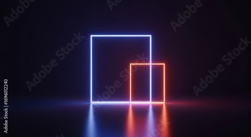 Neon square Light: A vibrant composition of two illuminated squares, bathed in radiant neon light, stand against a dark backdrop with reflected illumination.