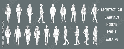 Architectural Drawings  modern people walking in various directions vector illustration,  front and side views, human person Minimal style hand drawn. Sections, Elevations, Floor Plans
